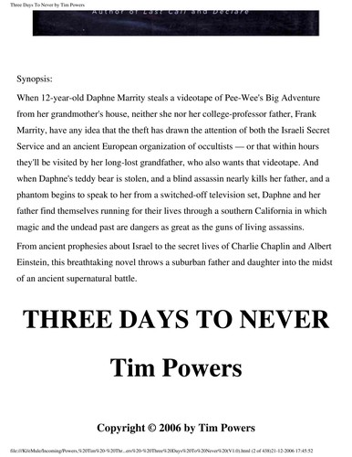 Tim Powers: Three days to never (2006, William Morrow)